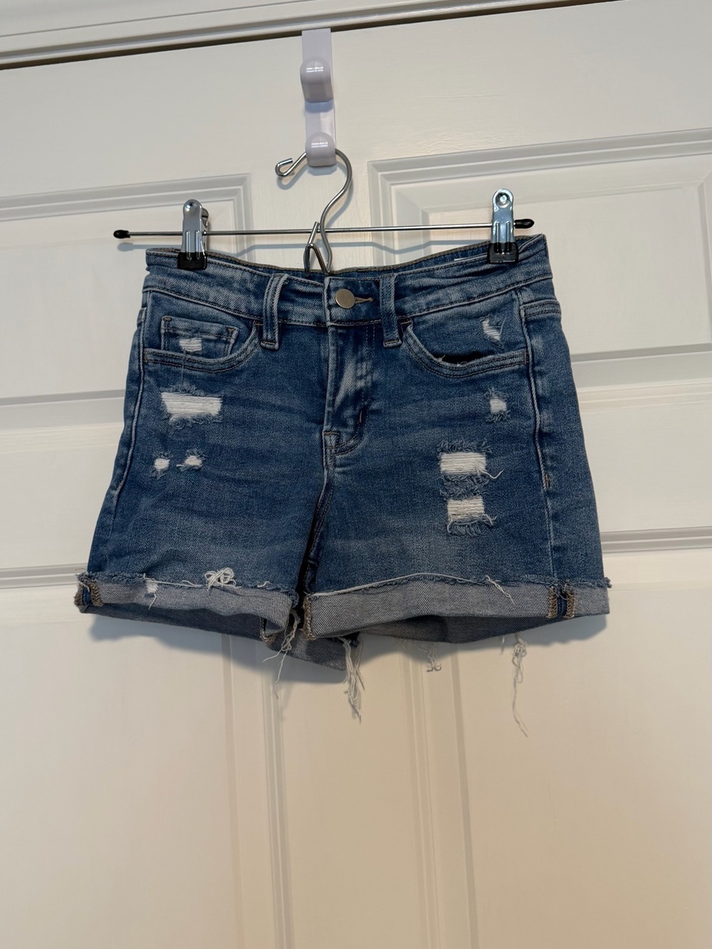 Altar'd State Distressed Dark Blue Rolled Hem Denim Shorts